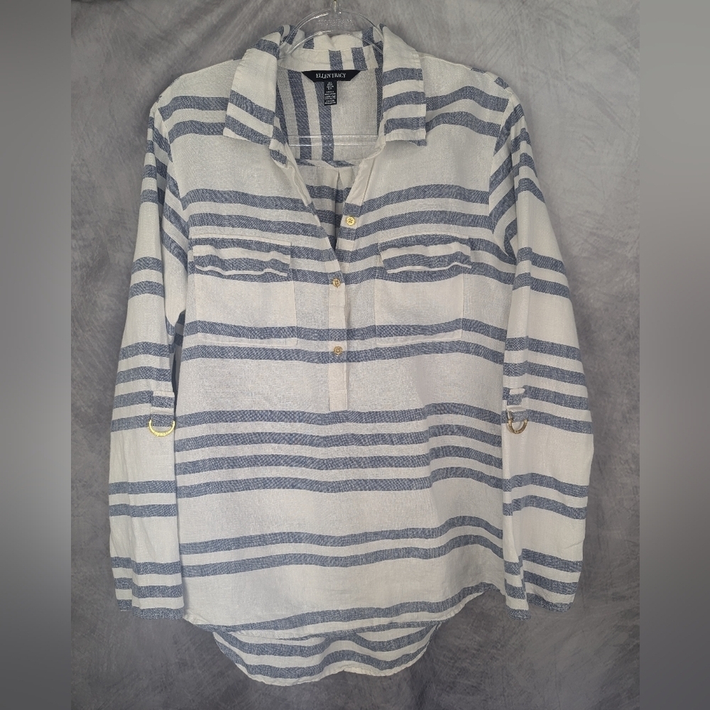 Ellen Tracy Size Large 100% Linen V-Neck Blouse Gold Hardware